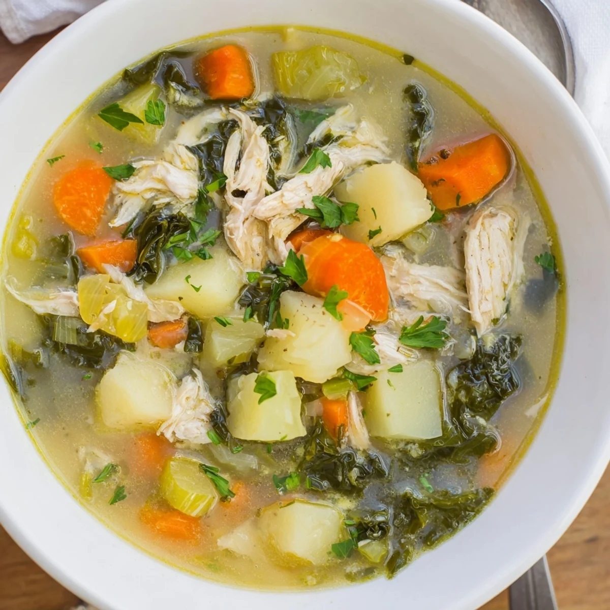 Collard Greens, Chicken and Vegetable Soup steaming in a rustic bowl, garnished with fresh parsley and a lemon wedge.