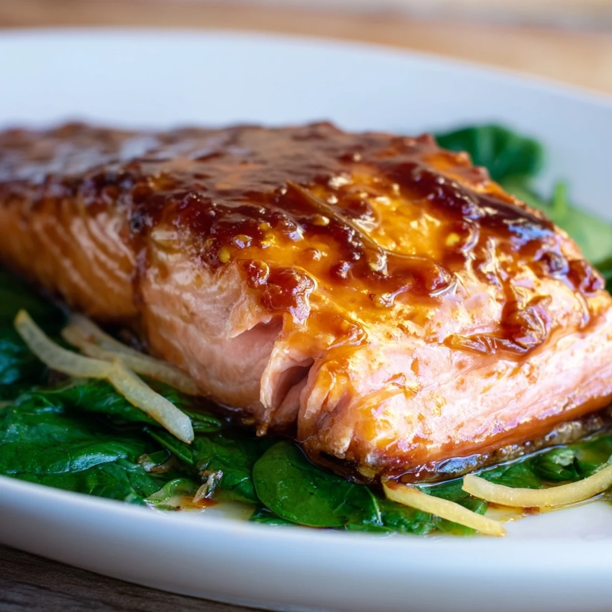 Golden-brown miso salmon fillets glisten atop a bed of bright green sautéed spinach, garnished with lemon wedges.  