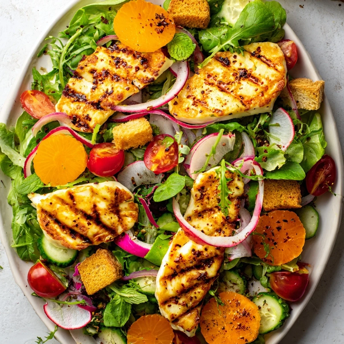 A close-up of golden-fried halloumi and bright blood orange slices atop mixed greens, with sourdough croutons in a zesty sumac vinaigrette.  