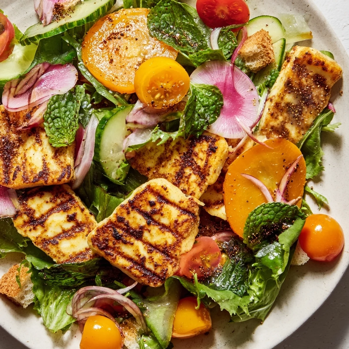Vibrant Halloumi Blood Orange Fattoush salad, featuring warm cheese, crisp vegetables, and crunchy bread croutons, served on a white platter.  