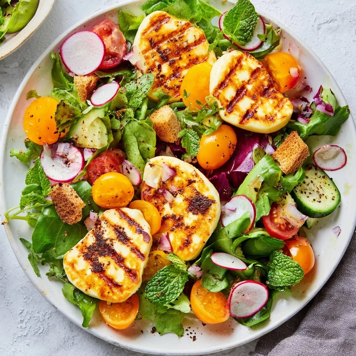 Fresh Levantine-inspired salad with juicy blood oranges, pan-seared halloumi, cucumbers, tomatoes, and herbs tossed in a tangy dressing.