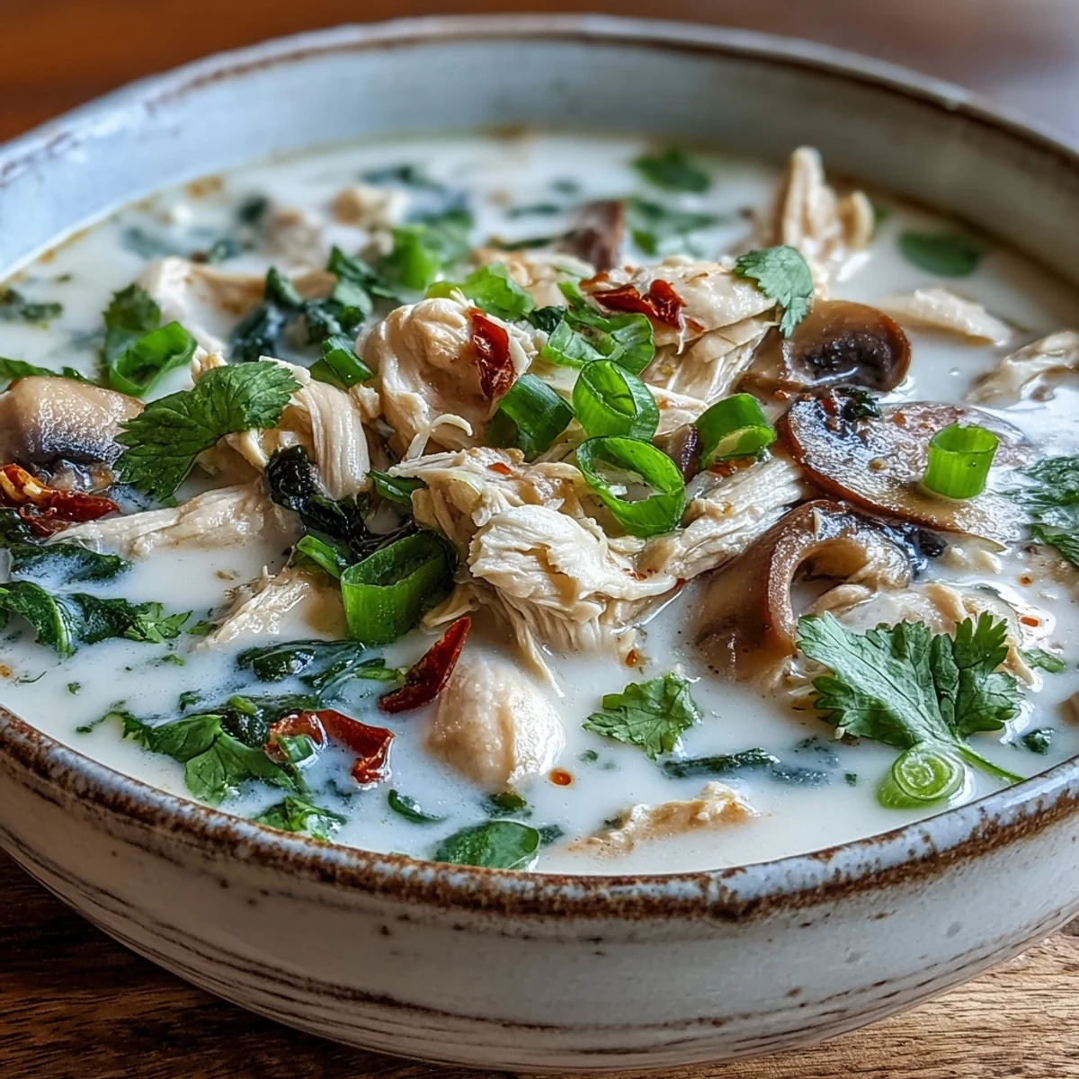 Golden-brown chicken and sliced mushrooms swim in a creamy, pale broth of authentic Tom Kha Gai, garnished with fresh cilantro and a lime wedge. Steam rises gently from the fragrant coconut soup.