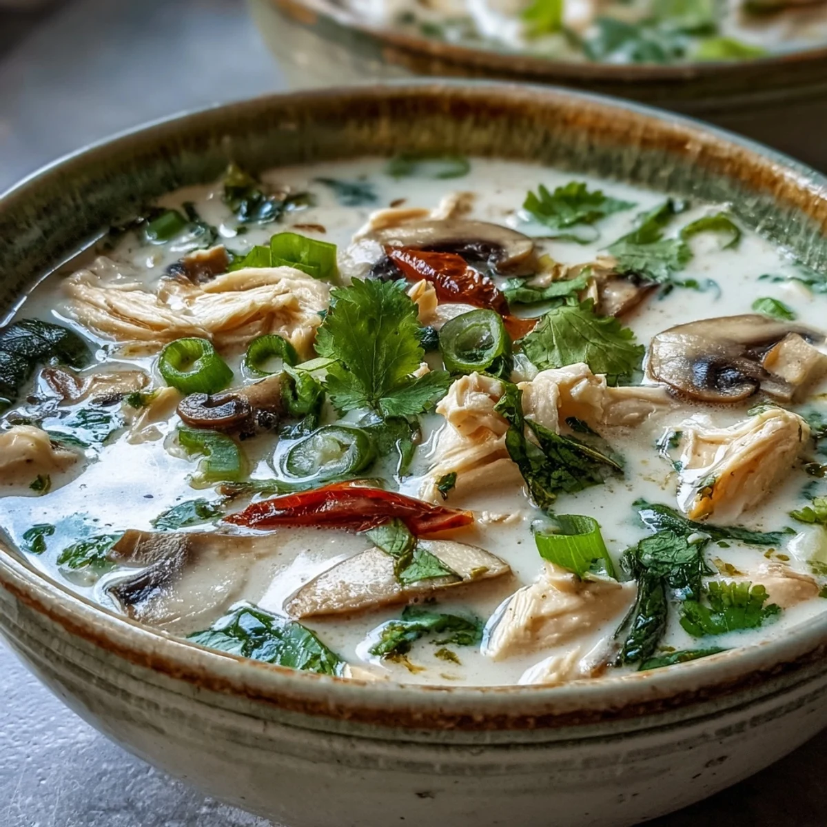 In a white bowl, authentic Tom Kha Gai displays tender chicken pieces, straw mushrooms, and vibrant green cilantro against a rich, coconut milk background. A spoon rests beside the bowl.