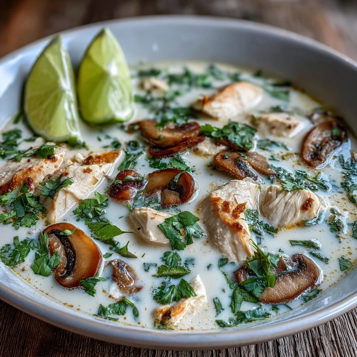 Creamy Tom Kha Soup with tender chicken and mushrooms in a fragrant coconut broth.