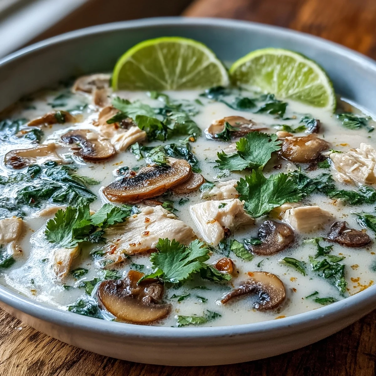 Aromatic Thai Tom Kha Soup featuring galangal and lemongrass, ready to serve with rice.