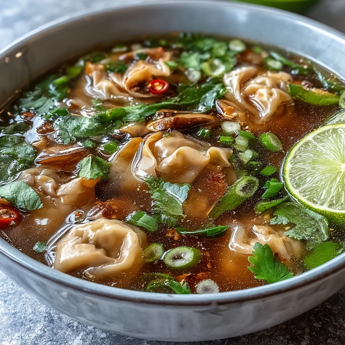Freshly cooked Tom Yum Wonton Soup steaming in a bowl, featuring tender pork dumplings swimming in a tangy, clear red broth with mushrooms.