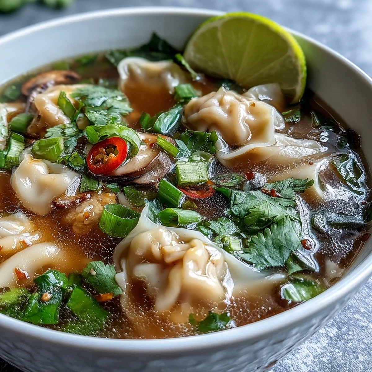 Close-up of Tom Yum Wonton Soup revealing plump dumplings, bok choy leaves, and sliced shiitake mushrooms in an aromatic Thai broth.