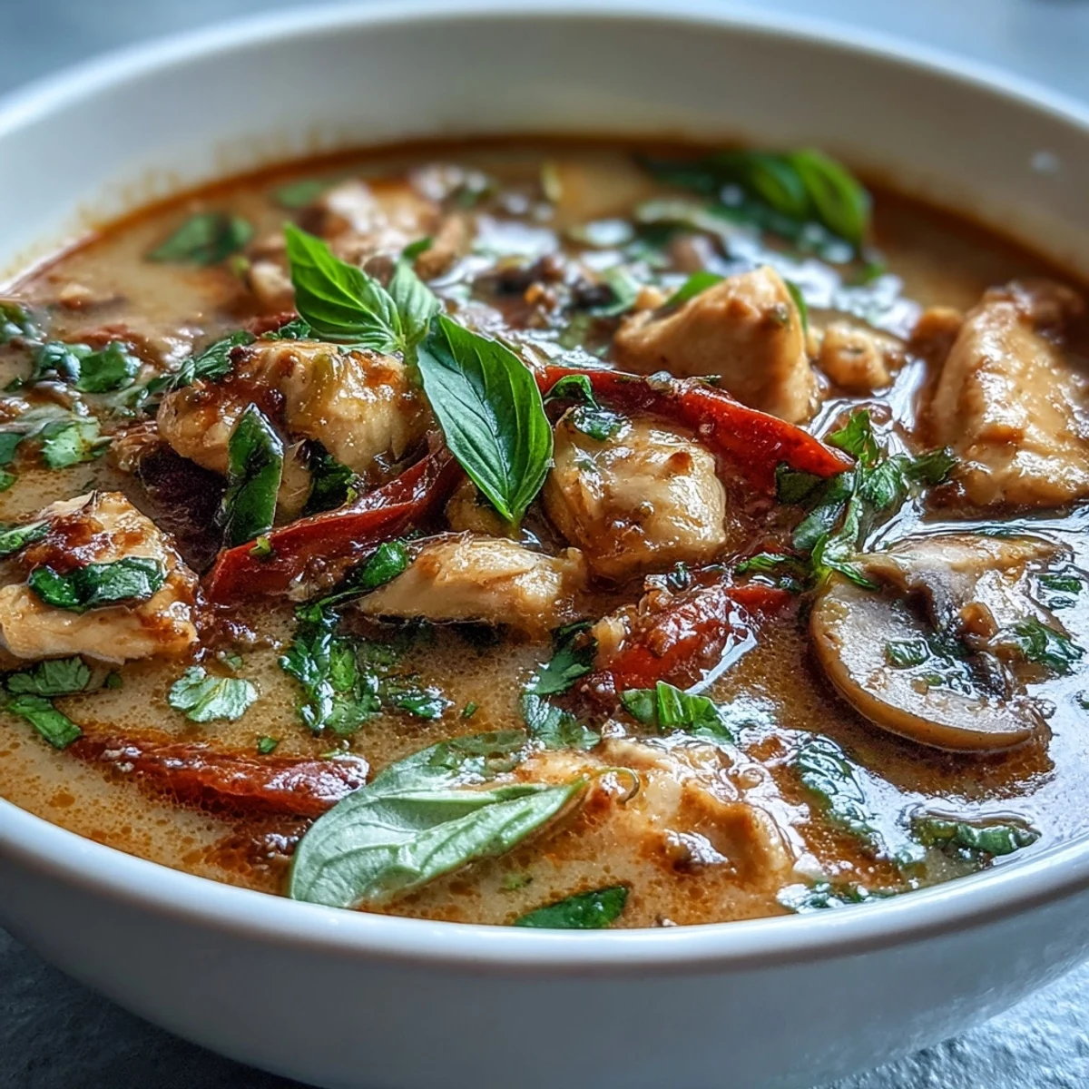 Steaming Thai Chicken Coconut Curry Soup with tender chicken, red peppers, and snow peas served in a rustic bowl.