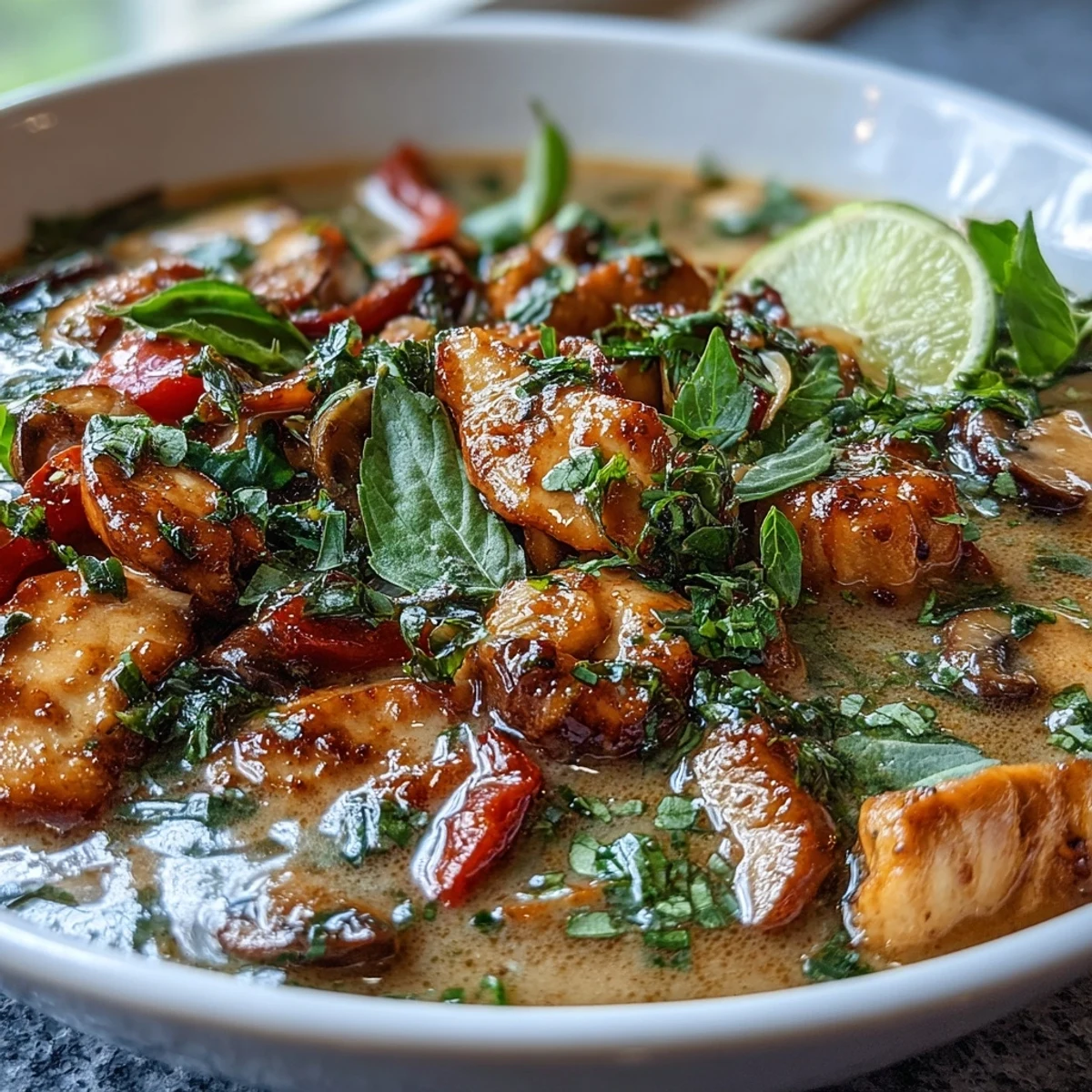Creamy Thai Chicken Coconut Curry Soup garnished with fresh cilantro, Thai basil, and lime wedges beside a spoon.