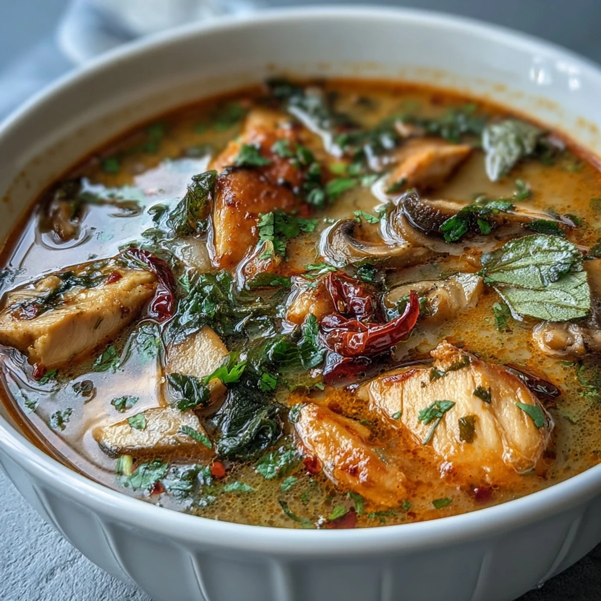 Steaming bowl of Tom Yum Chicken soup garnished with cilantro and lime wedges.