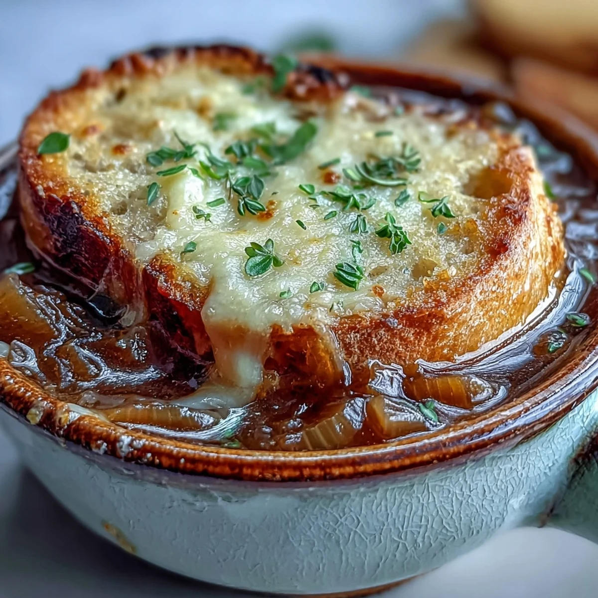 A close-up of classic French Onion Soup in a crock bowl, featuring bubbly, browned Gruyère over toasted bread and savory broth.