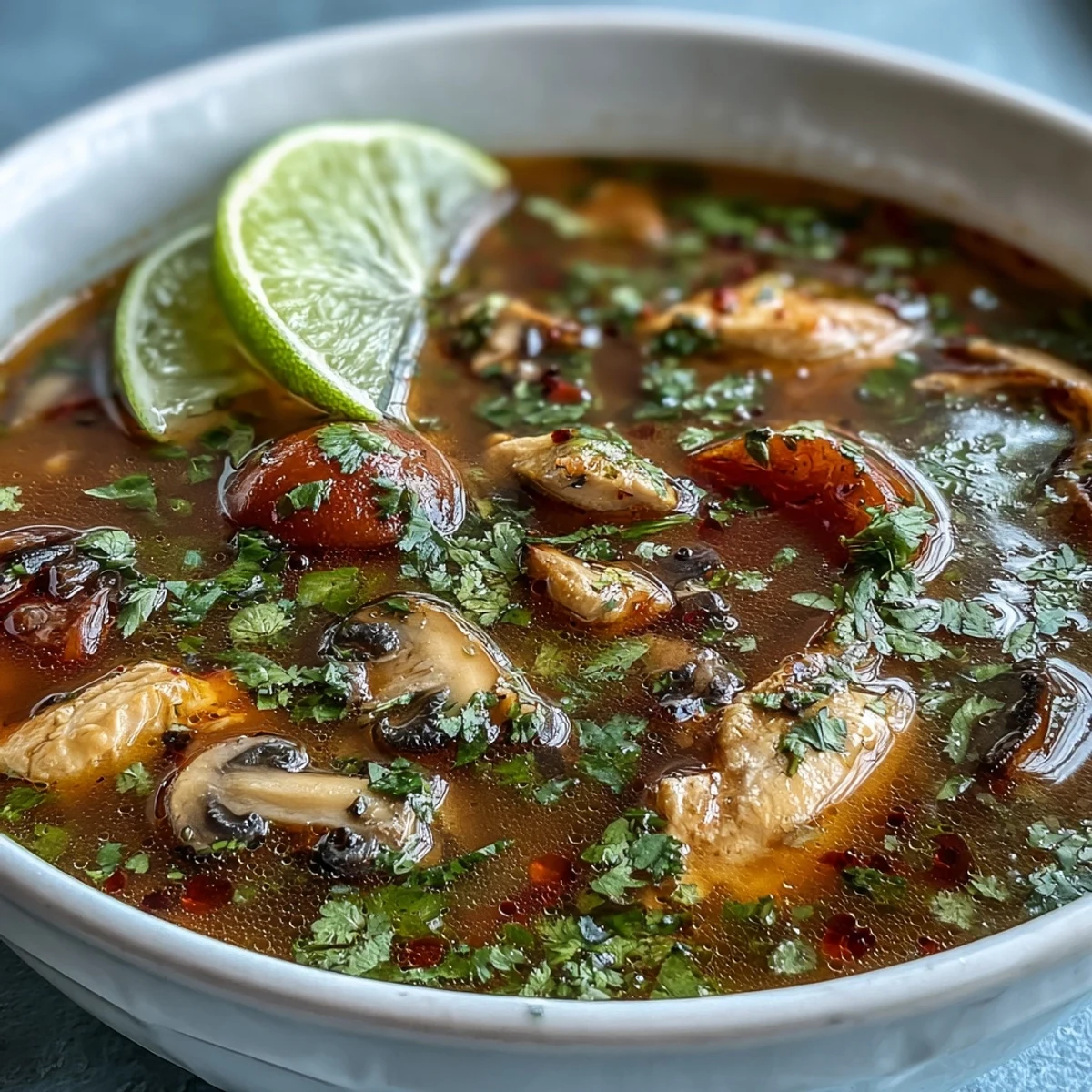 Steaming Tom Yum Gai soup in a rustic bowl, featuring tender chicken slices, mushrooms, and vibrant red tomato wedges.
