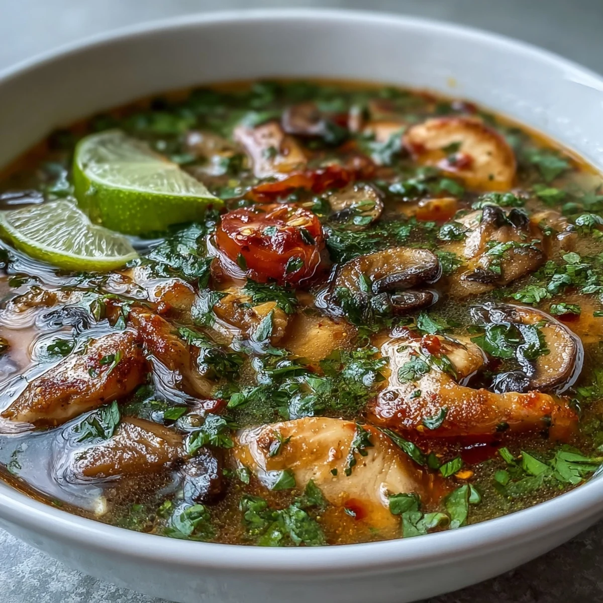 Aromatic Thai herbs and lime garnish surround the spicy Tom Yum Gai, highlighting its bright and tangy flavors.