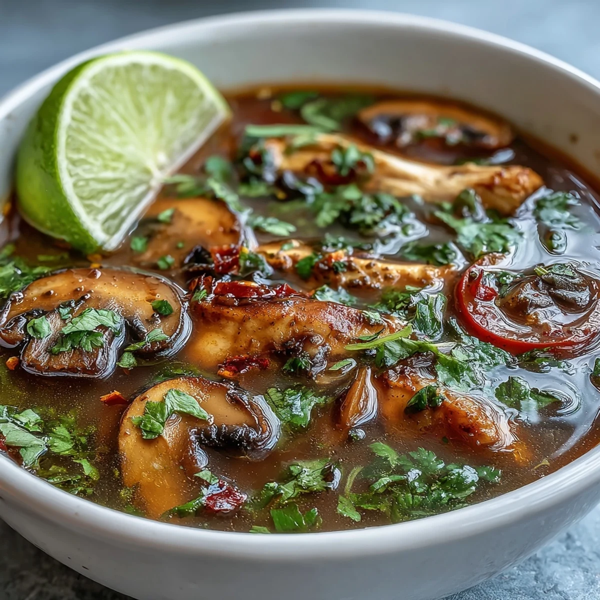 Fresh cilantro and sliced chiles top the bubbling Tom Yum Gai, served alongside a wedge of lime for squeezing.