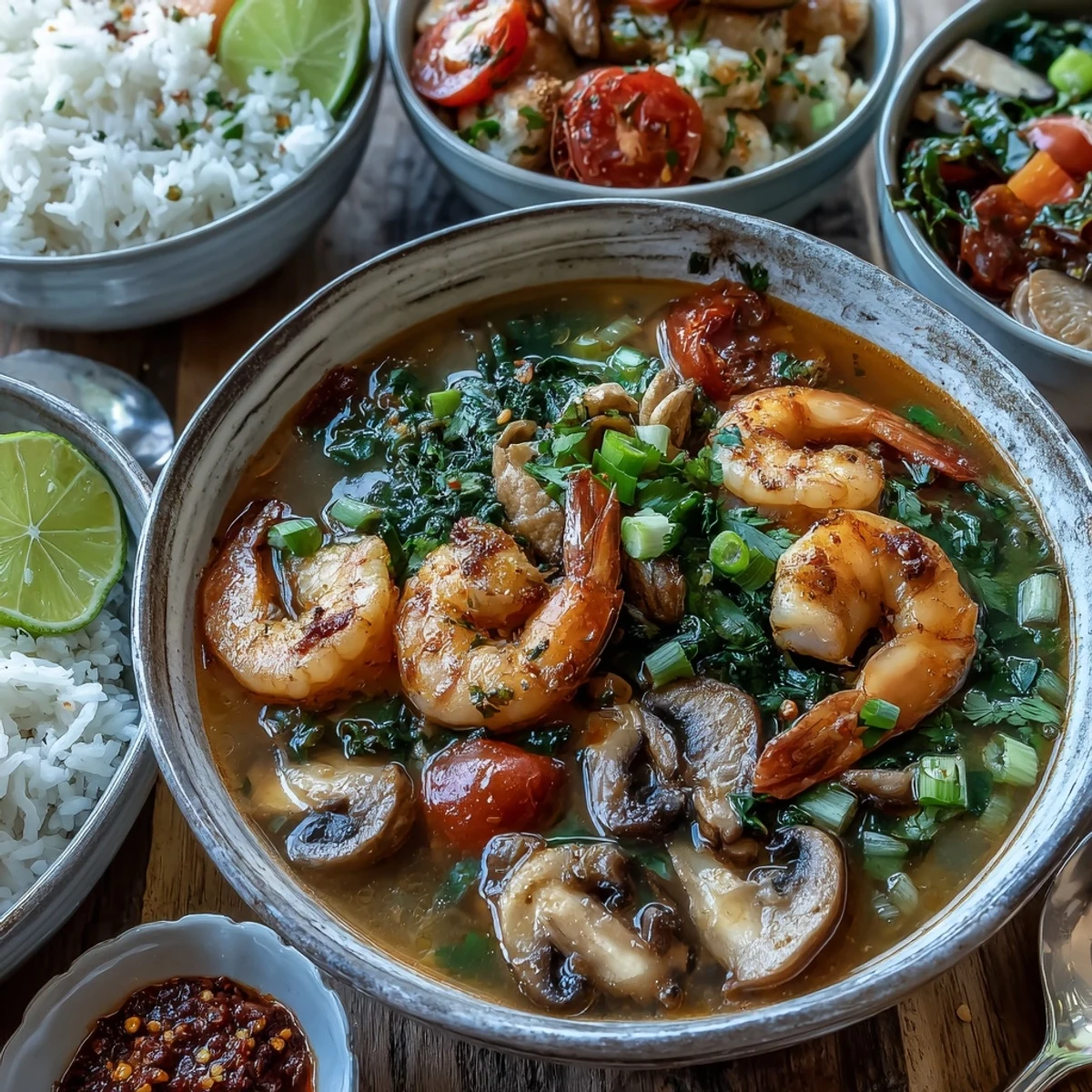 Steaming bowl of Tom Yum Soup featuring shrimp, mushrooms, and tomatoes in a clear, aromatic broth.