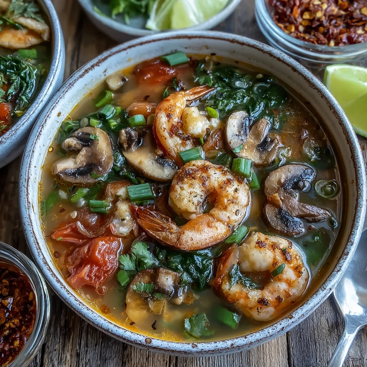 Thai-inspired Tom Yum Soup garnished with fresh cilantro and green onions, served with lime wedges on the side.