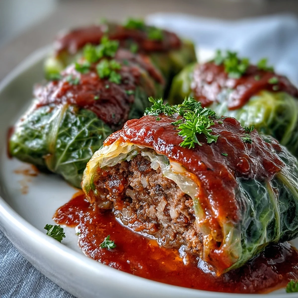 Tender Cabbage Rolls in rich tomato sauce are baked until bubbly, served hot from the oven on a white plate.