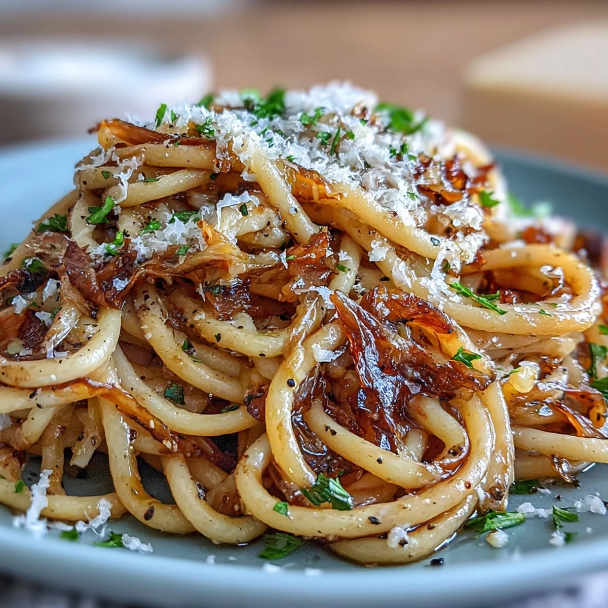 Garlic-scented Cabbage Pasta With Garlic and Parmesan twirls from a fork, caramelized cabbage and golden edges visible.