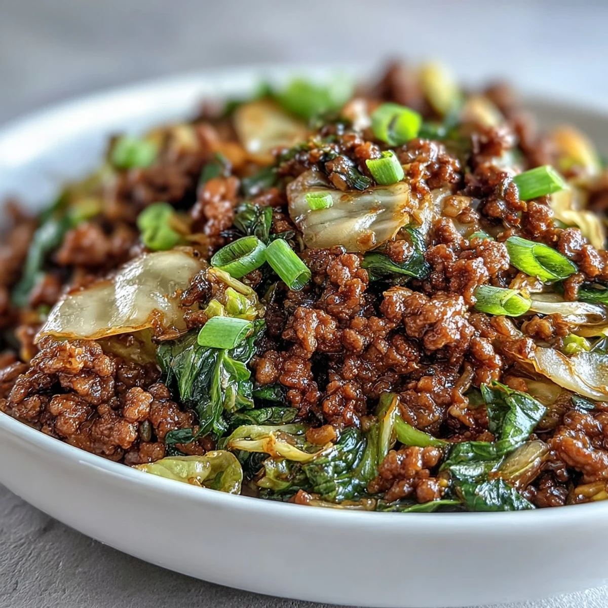 A savory wok of Chinese Ground Beef and Cabbage Stir-Fry, garnished with green onions and ready to serve over steamed rice.