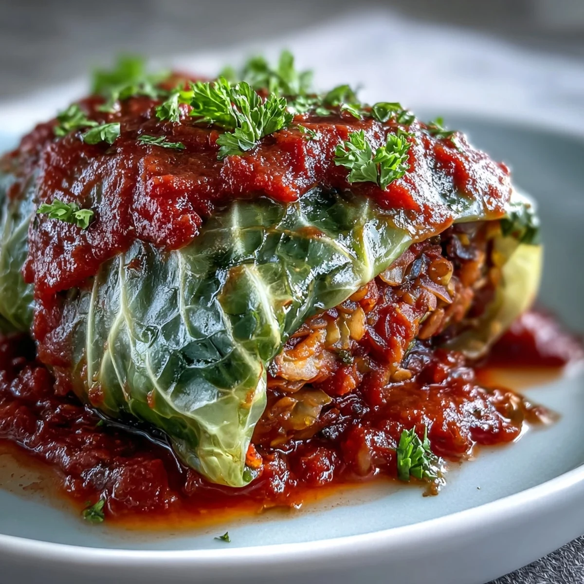 Golden-brown Baked Vegan Cabbage Rolls, fresh from the oven, smothered in a rich tomato sauce and garnished with fresh parsley.