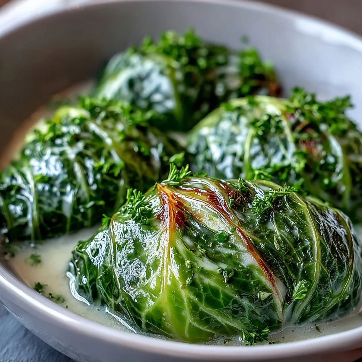 Herby Cabbage in Parmesan Broth served in shallow bowls with fresh herbs and melted cheese visible.