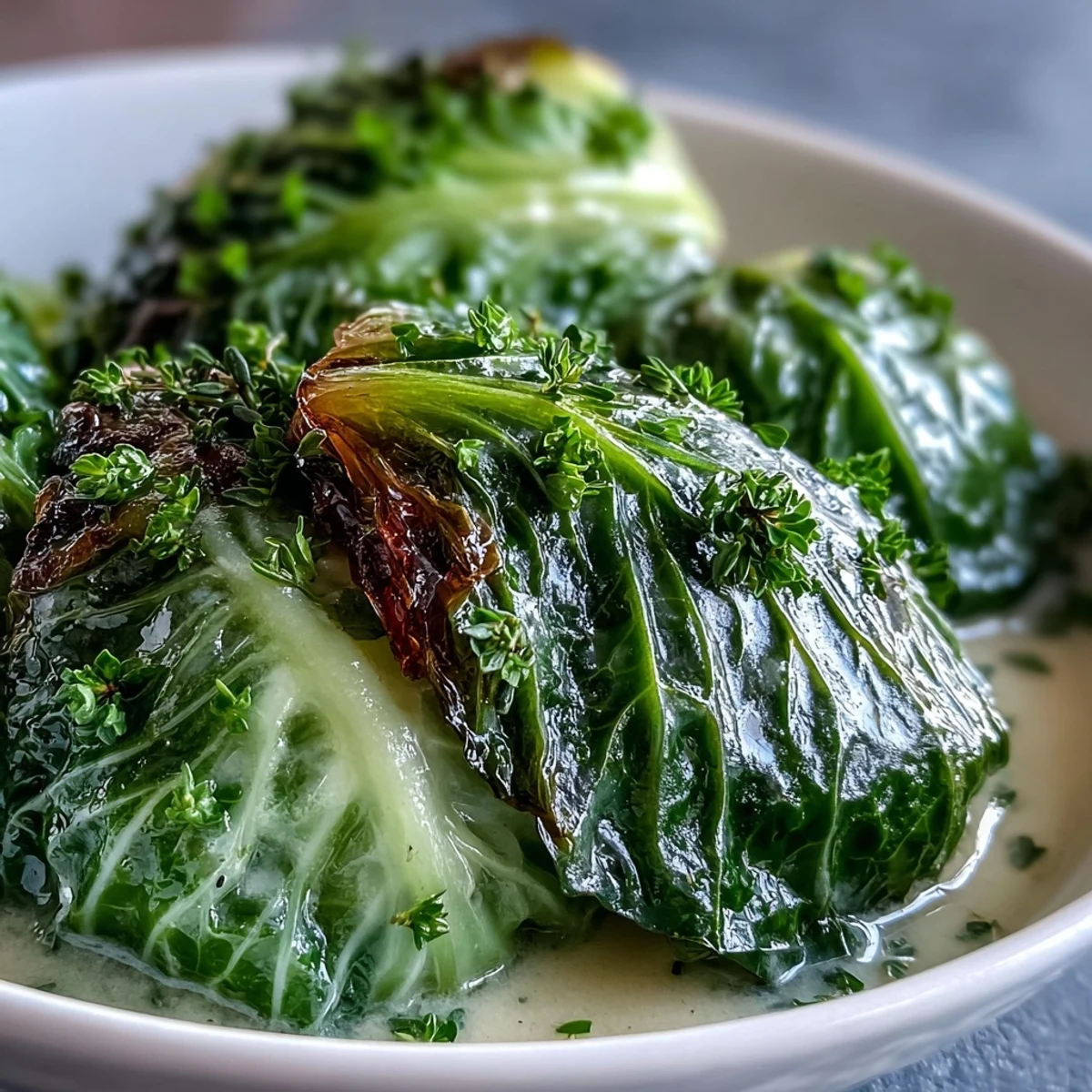 Tender wedges of Herby Cabbage in Parmesan Broth simmered with garlic and thyme in a rustic pot.