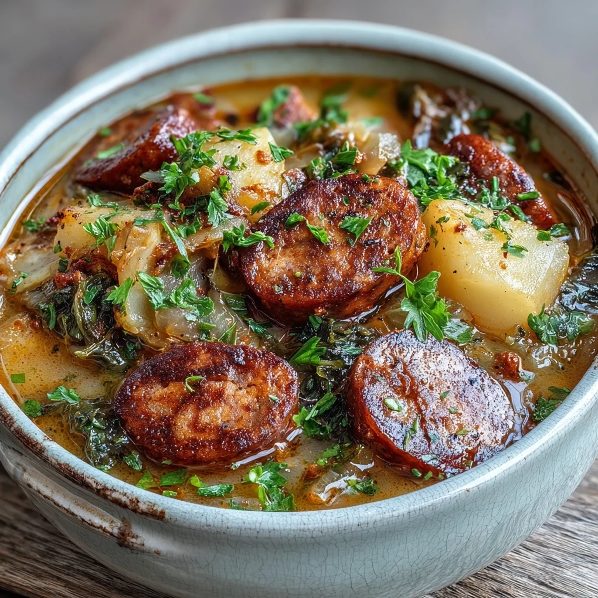 Steaming bowl of Sausage, Potato and Cabbage Soup with chunks of creamy potatoes and smoked sausage.