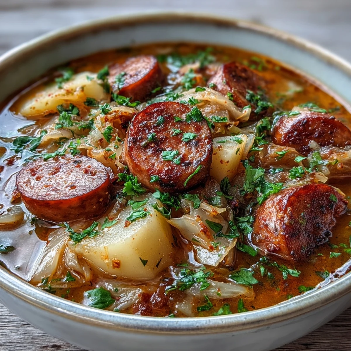 Rustic one-pot Sausage, Potato and Cabbage Soup simmering with savory sausage, potatoes, and tender cabbage.