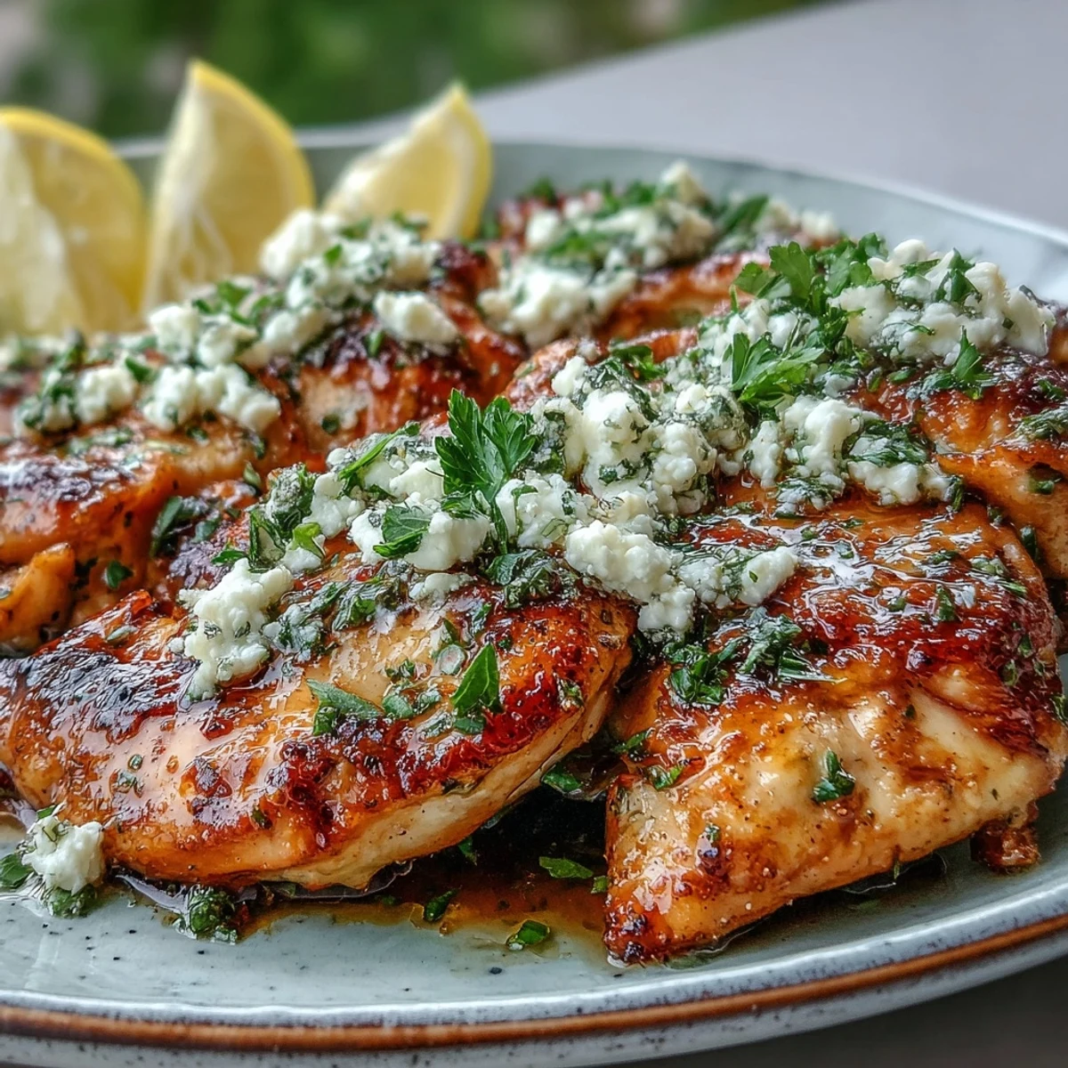 Juicy Greek Chicken with Lemon and Feta arranged on a white plate, garnished with fresh parsley and lemon wedges for a zesty serving suggestion.