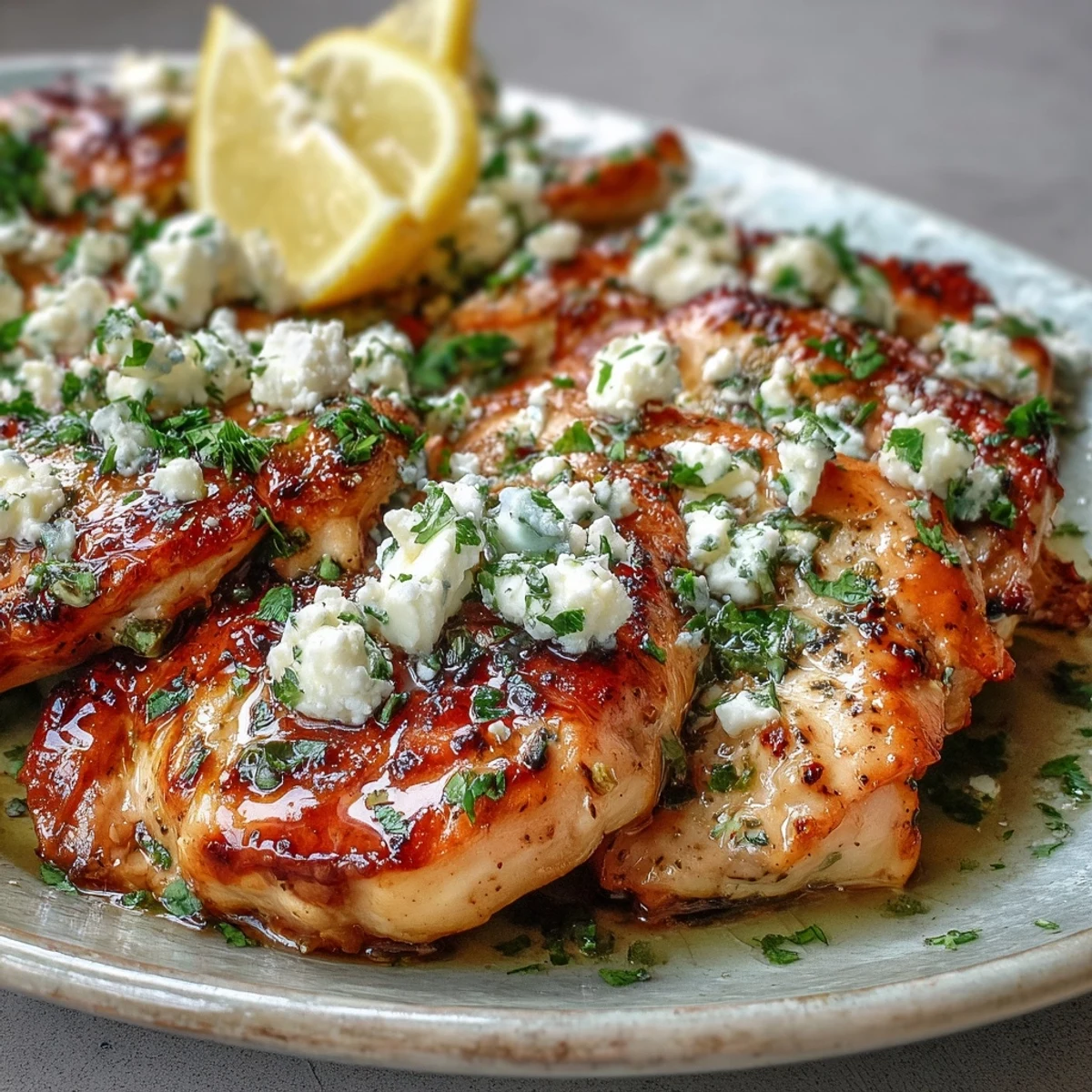 Sizzling Greek Chicken with Lemon and Feta cooking in a skillet, showcasing golden-brown edges and a rich, garlicky Mediterranean aroma.