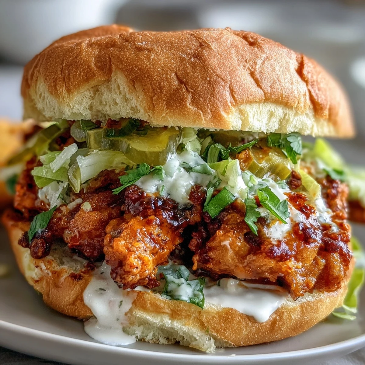 Golden, ultra-crispy fried chicken breast sits on a toasted brioche bun with fresh lettuce and tomato.