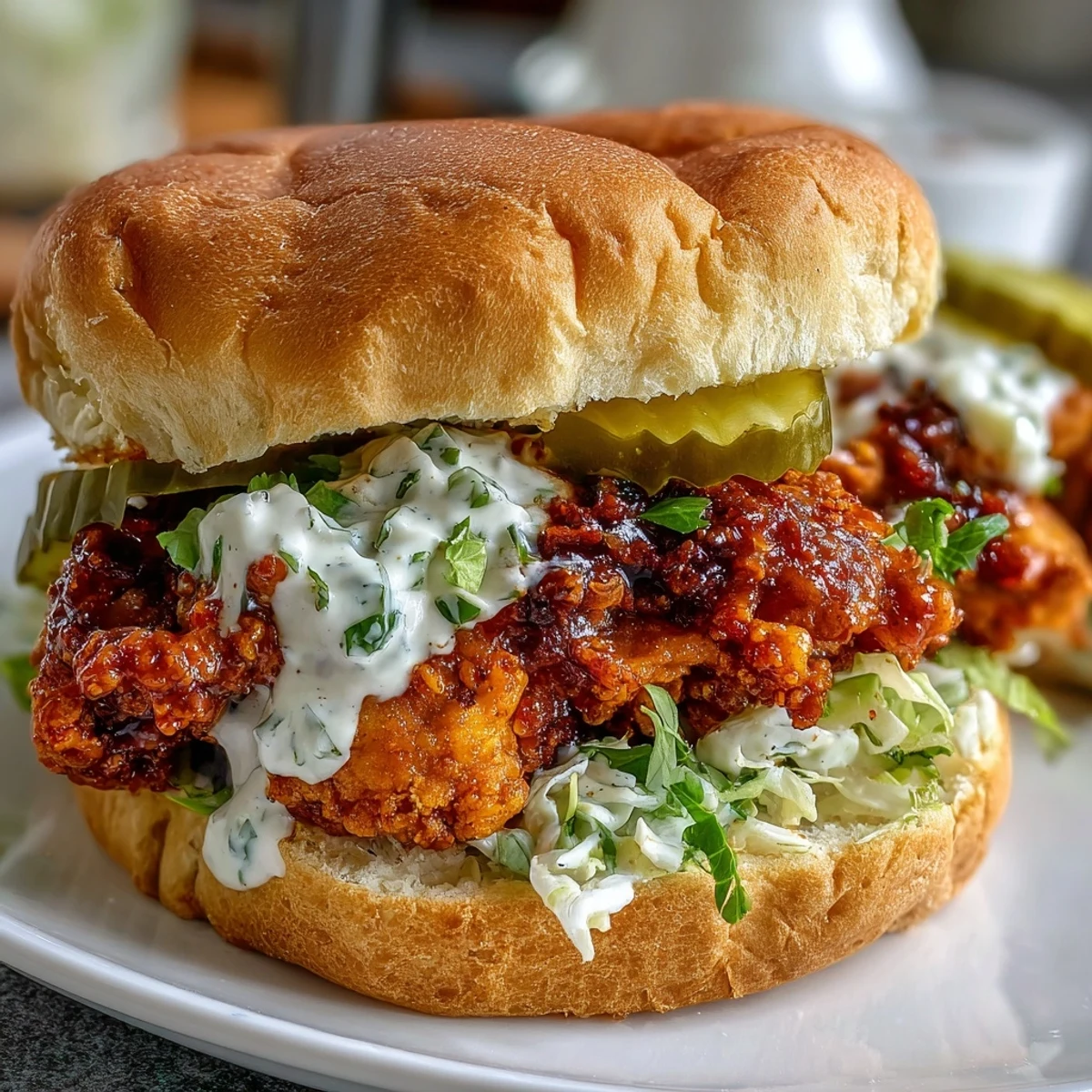Freshly made Spicy Chicken Sandwich stacked high on a plate, ready for a game day bite.