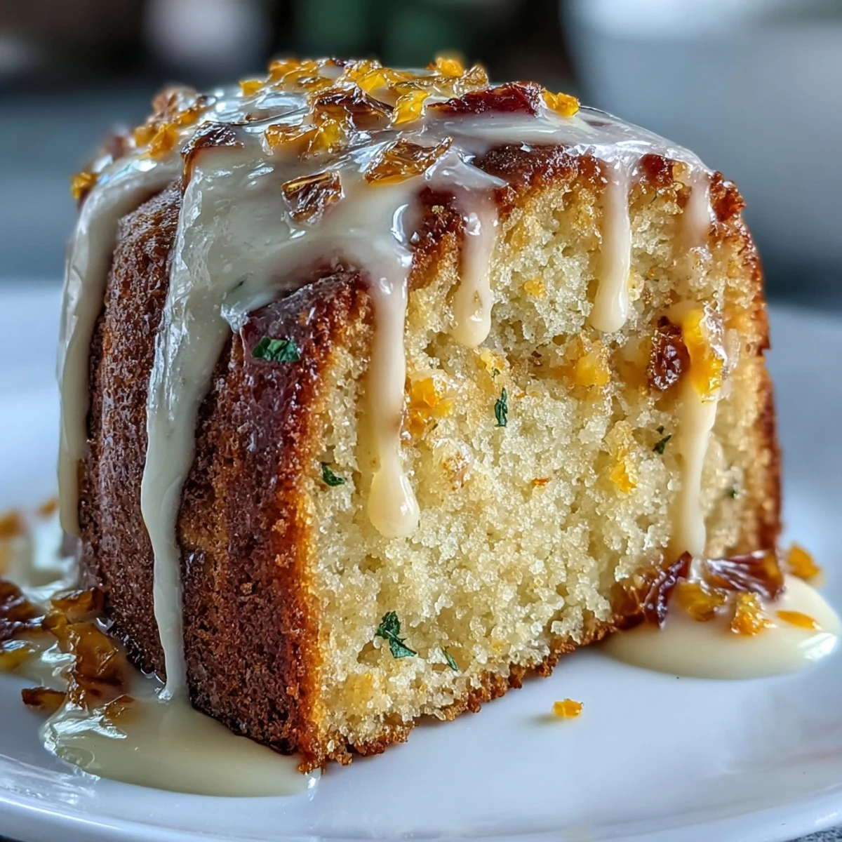 A close-up of the Heavenly Blood Orange Yogurt Cake, with bright pink icing dripping down the moist, golden-brown loaf.