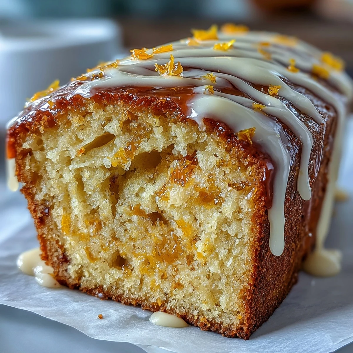 Overhead view of the freshly baked Heavenly Blood Orange Yogurt Cake, topped with zest and glaze on a rustic wooden board.