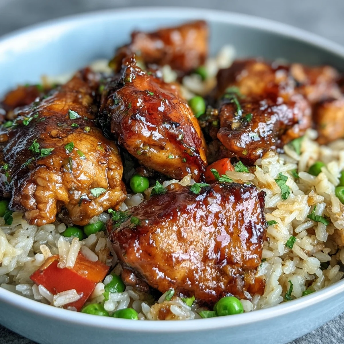 Steamy One-Pan Bold Honey BBQ Chicken Rice with colorful bell peppers, peas, and carrots topped on fluffy rice.