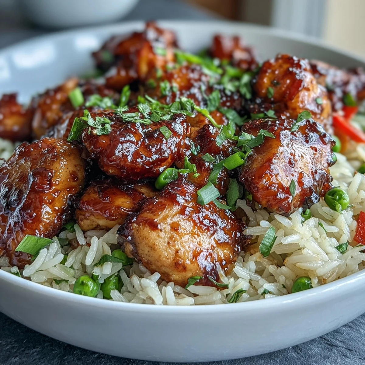 Family-style One-Pan Bold Honey BBQ Chicken Rice garnished with parsley, serving four with a squeeze of lime wedge.