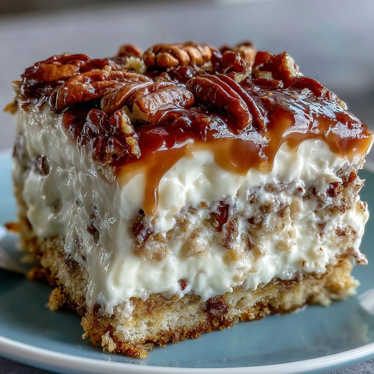 Freshly baked Butter Pecan Tres Leches Cake with whipped cream and caramelized pecans on a rustic table.