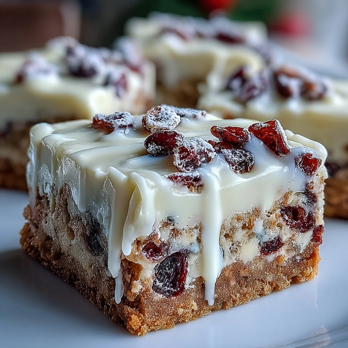 Arranged Cranberry Bliss Bars with vibrant orange zest garnish, served on a festive plate for holiday dessert gatherings.