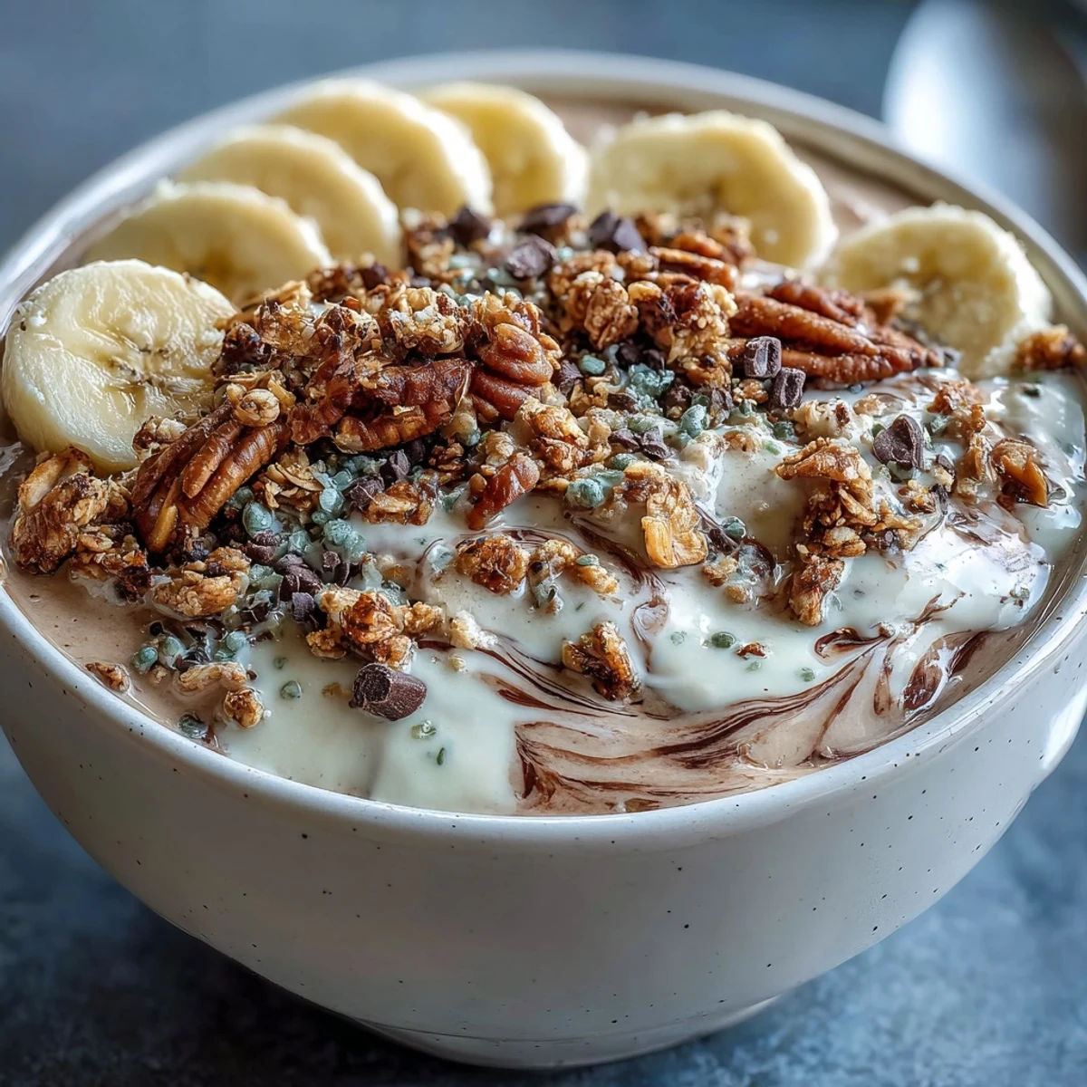 Decadent chocolate Chunky Monkey smoothie bowl garnished with rich peanut butter drizzle, cacao nibs, and fresh banana slices.
