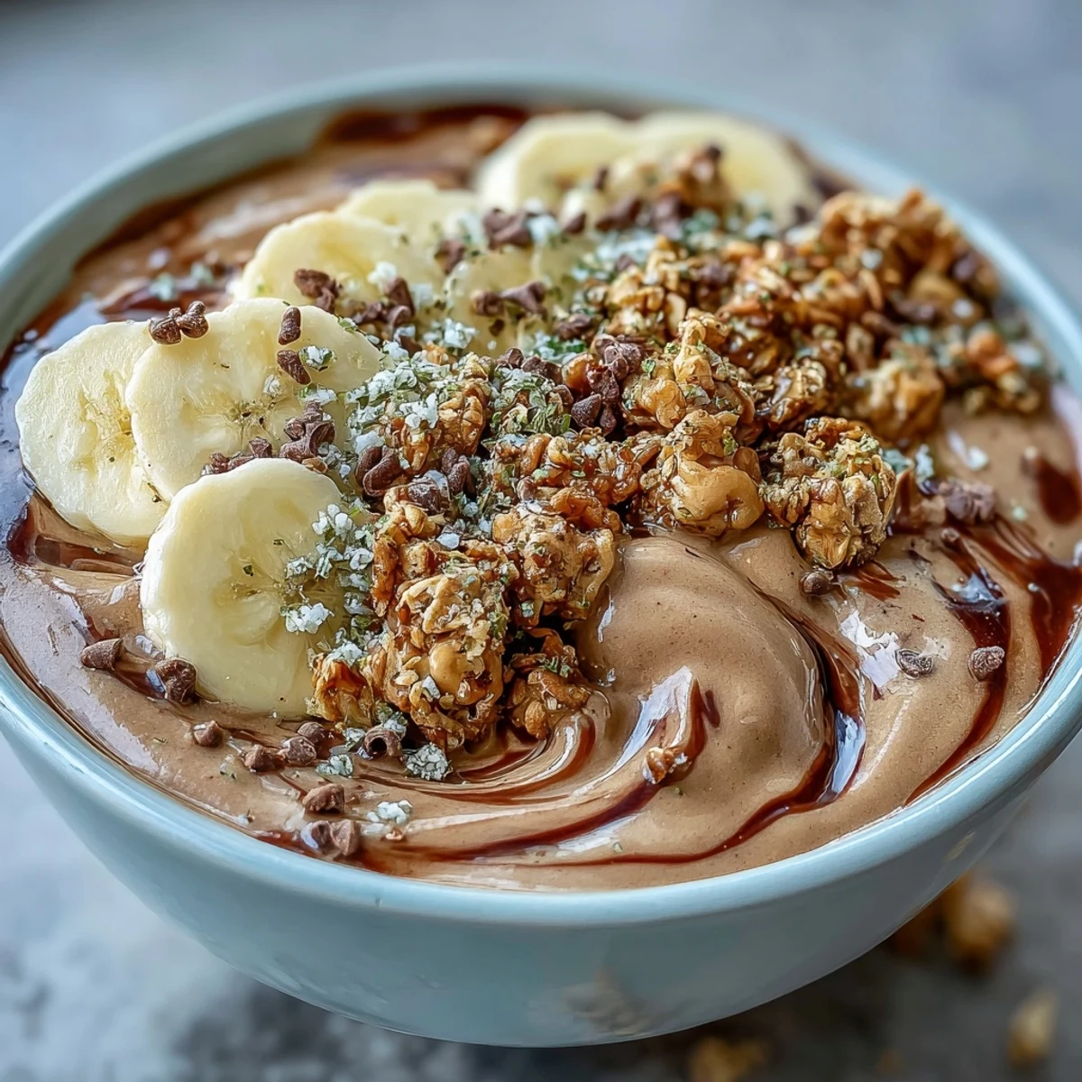 Healthy Chunky Monkey smoothie bowls served with maple granola and chocolate chips, a perfect dairy-free morning treat.