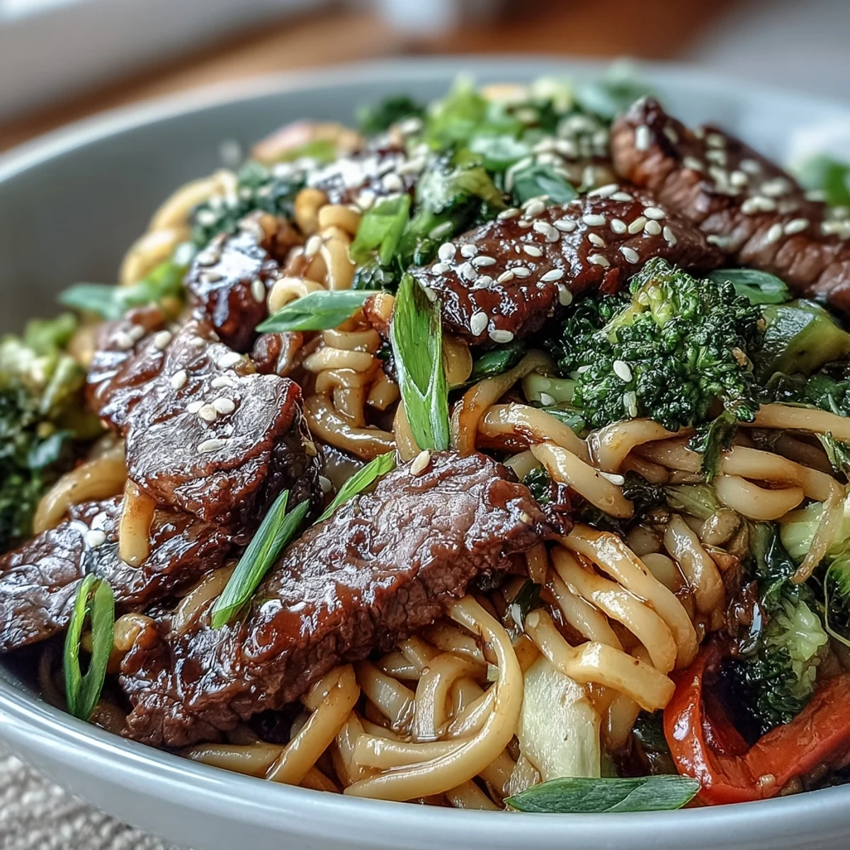 Sizzling flank steak and crisp broccoli mingle with silky rice noodles in a glossy soy-brown sugar sauce. This Korean Beef Noodles bowl is garnished with green onions and sesame seeds.