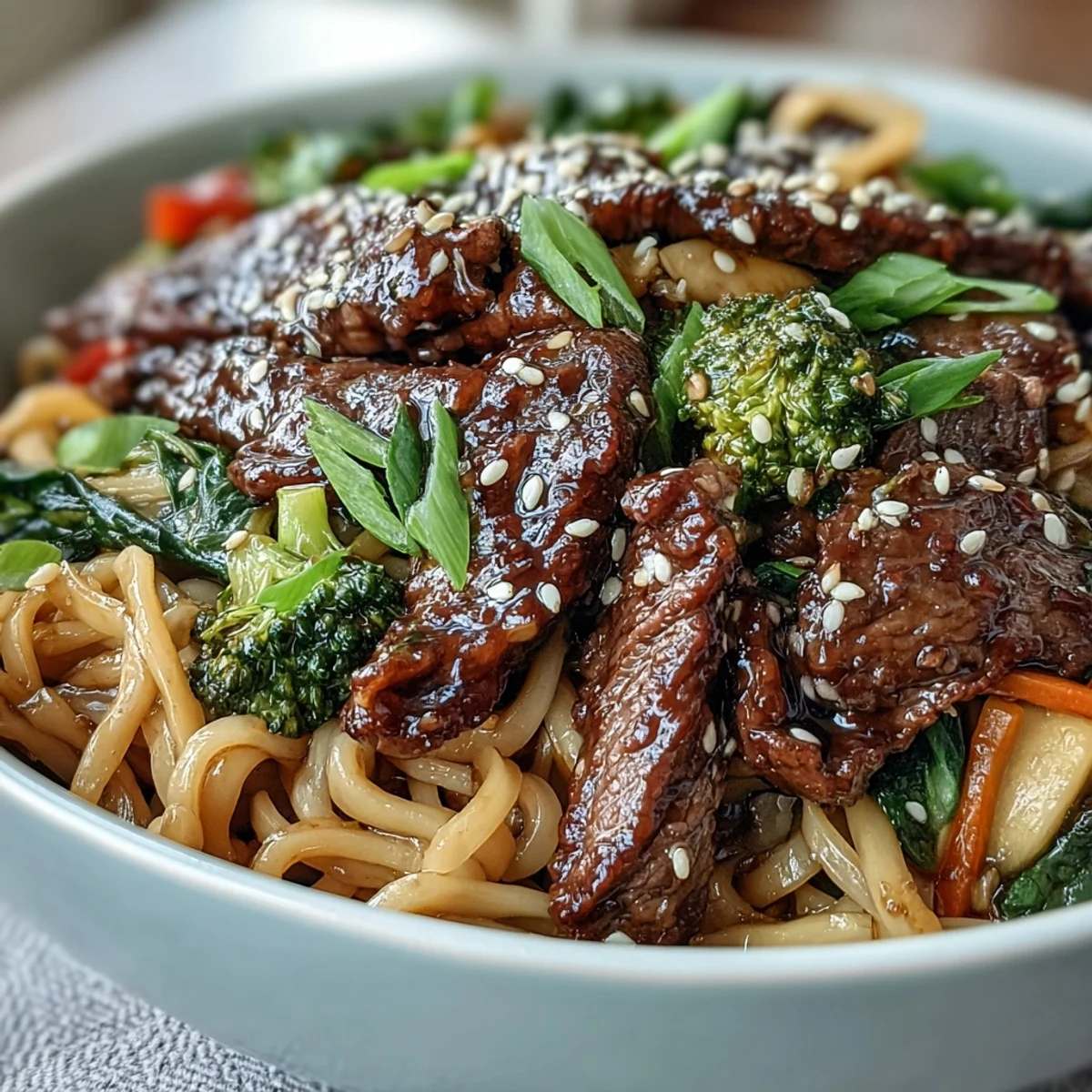A steamy bowl of Korean Beef Noodles featuring browned flank steak, vibrant vegetables, and glossy sauce. Served with chopsticks for an inviting, weeknight-friendly meal.