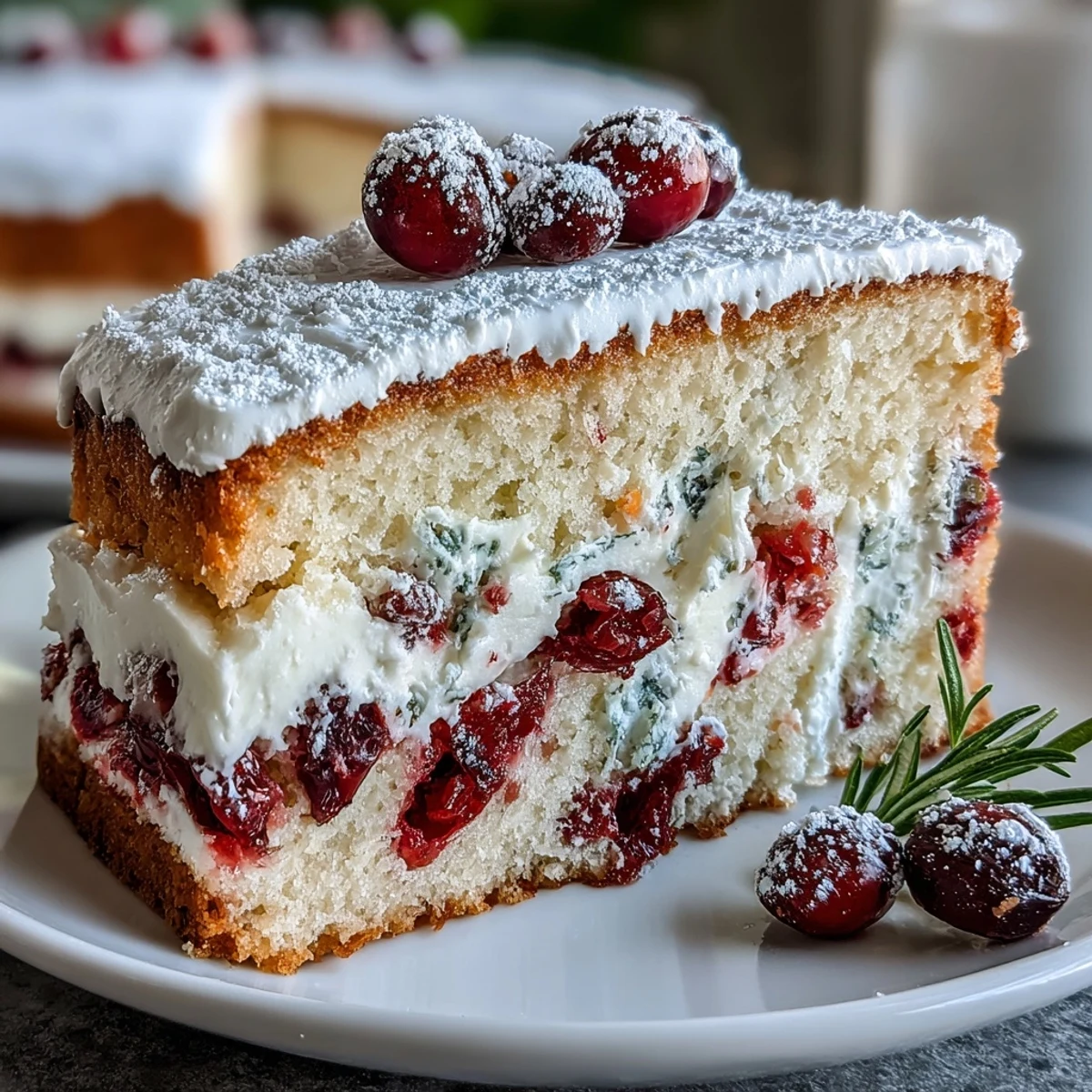 A slice of Cranberry Orange Breakfast Cake on a white plate, dusted with powdered sugar and ready to serve.