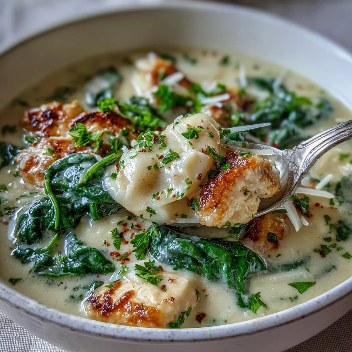 Creamy Garlic Parmesan Chicken Soup in a white bowl, topped with fresh parsley and grated cheese, served with a side of crusty bread.