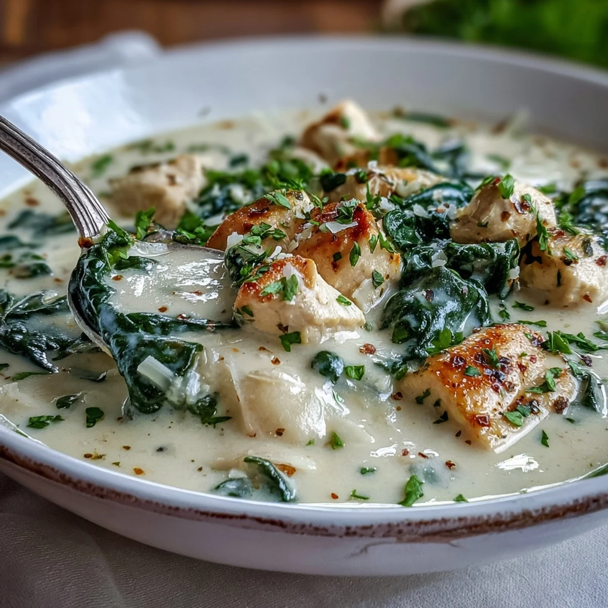 Hearty Garlic Parmesan Chicken Soup in a rustic mug, garnished with extra Parmesan and fresh herbs, perfect for a cozy meal.