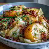 Tender chunks of potato and green cabbage braised in a savory broth with bright red chili slices.