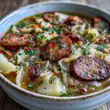 Hearty Sausage, Potato and Cabbage Soup garnished with fresh parsley, ready to serve with crusty bread.