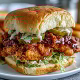 Spicy Chicken Sandwich features a luscious homemade creamy sauce and dill pickles for tang.