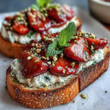 Golden toasted bread layered with rich ricotta, sweet honey, juicy strawberries, and nutty pistachios, garnished with lemon zest and fresh mint.