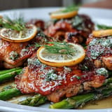 Juicy, herb-infused chicken roasted with vibrant asparagus and fresh lemon slices.